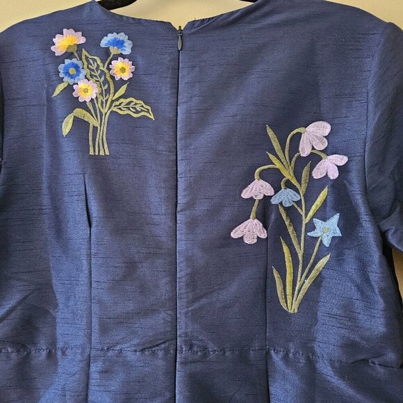 Wayward Fancies eShakti L Floral Embroidery Dupioni Midi Empire Indigo Dress - Picture 3 of 16